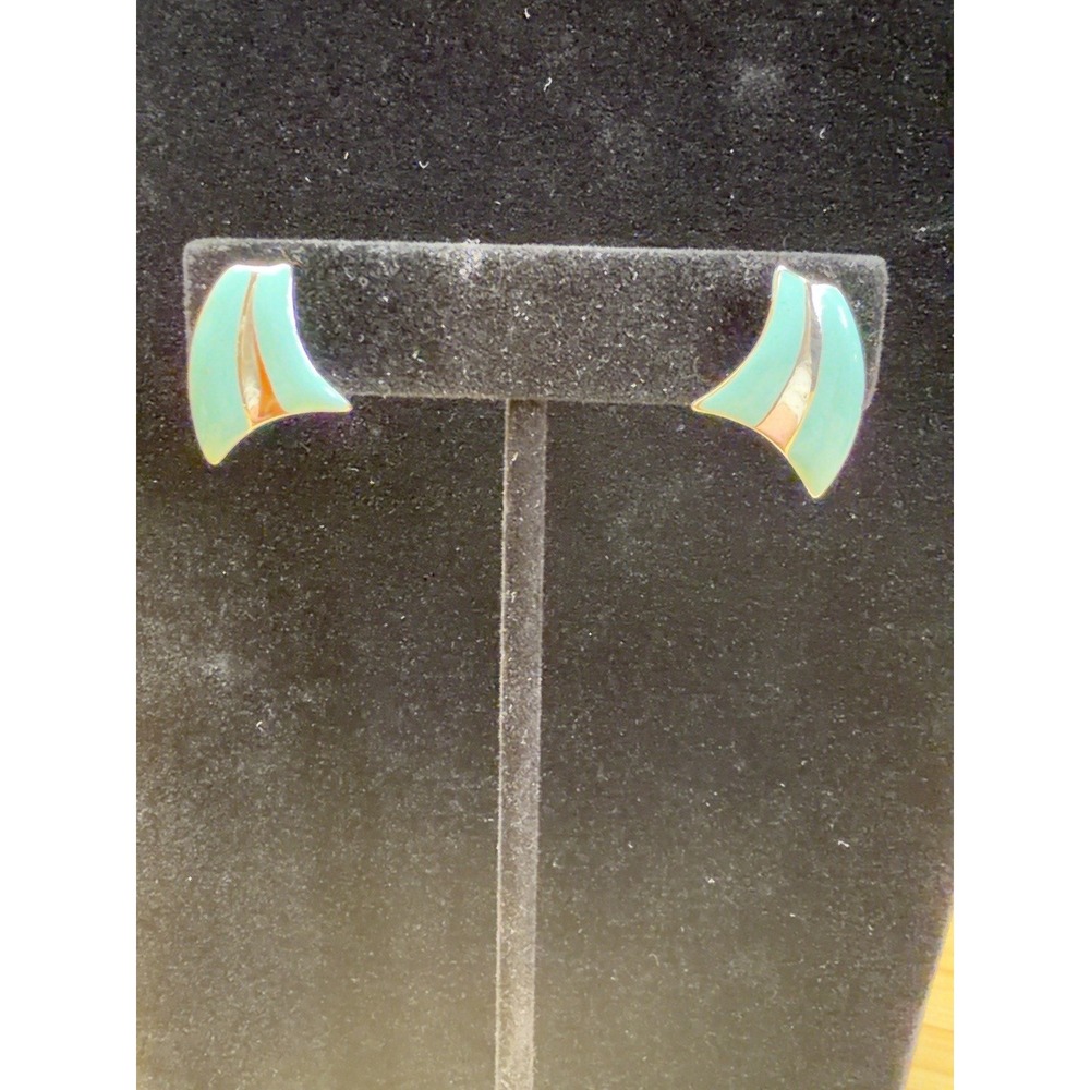 Aqua Blue Enamel Silver Tone Geometric Pierced Stud Earrings Abstract